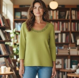 🔴VINTAGE Pink Poodle  Muted Lime knit top with Woven detail neckline